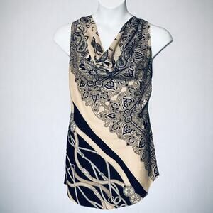 Soft Surroundings Sleeveless Tunic Top Medium Cowl Neck Black Tan Paisley Chain